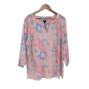 Talbots top popover  2x floral pink daisy women's plus long sleeve blouse spring